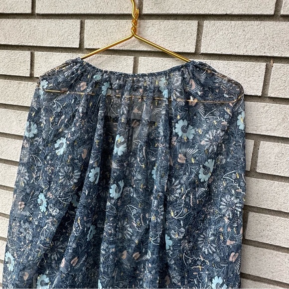 Anthropologie Let Me Be Blue Floral Sheer Chiffon Blouse M Puffed Sleeves Boho - Picture 8 of 14